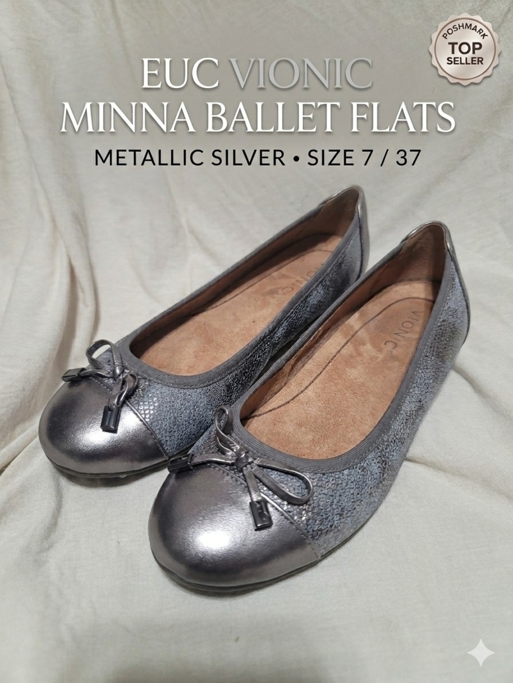 Vionic Minna Metallic Silver Ballet Flats Textured Leather Bow Size 7 / 37